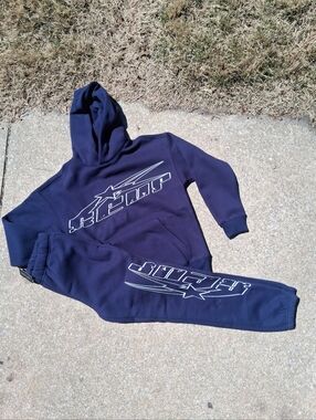 Navy Graphic Hoodie & Sweatpants Set - White Accent Logo